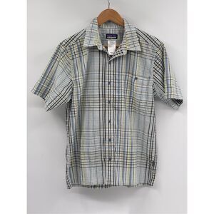 Patagonia Button‎ Down Shirt Short Sleeve Puckerware Men Medium Plaid White Blue